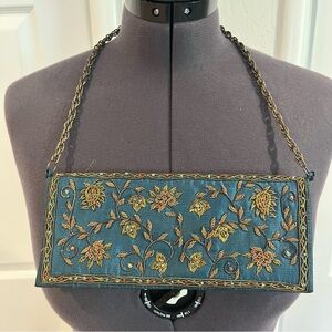 Elegant Floral Embroidered Clutch in Blue and Gold